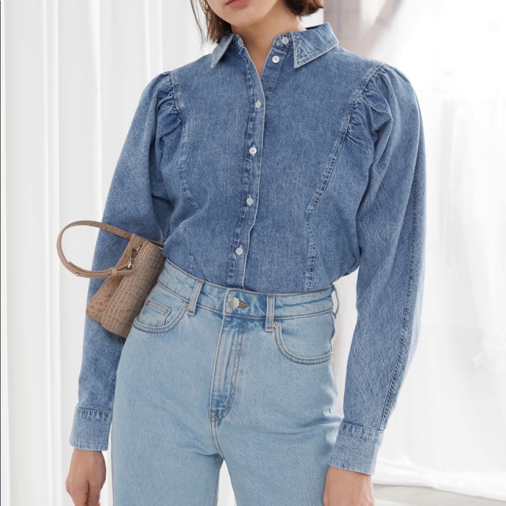 & Other Stories Puff Shoulder Denim Shirt Blue